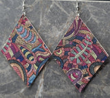 Colorful Paisley  Embroidered FAUX Leather Diamond Shaped Earrings