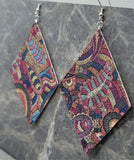 Colorful Paisley  Embroidered FAUX Leather Diamond Shaped Earrings
