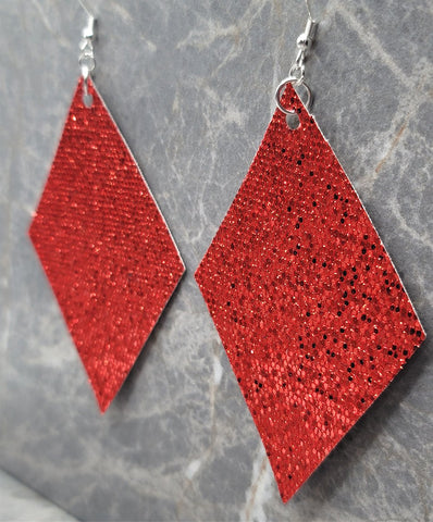Super Holo Red Glitter on Diamond Shaped FAUX Leather Earrings