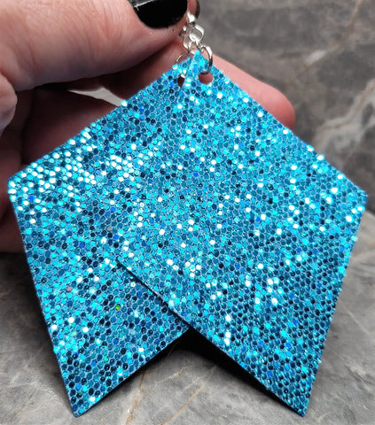 Super Holo Aqua Blue Glitter on Diamond Shaped FAUX Leather Earrings