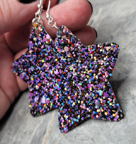 Purple Multicolor Glitter FAUX Leather Star Earrings