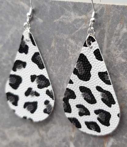 White with Leopard Print Tear Drop Shaped FAUX Leather Earrings