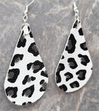 White with Leopard Print Tear Drop Shaped FAUX Leather Earrings