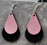 Pink Luster Teardrop on a Black Teardrop Shaped FAUX Leather Earrings