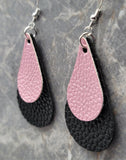 Pink Luster Teardrop on a Black Teardrop Shaped FAUX Leather Earrings