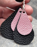 Pink Luster Teardrop on a Black Teardrop Shaped FAUX Leather Earrings