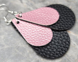 Pink Luster Teardrop on a Black Teardrop Shaped FAUX Leather Earrings