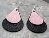 Pink Luster Teardrop on a Black Teardrop Shaped FAUX Leather Earrings