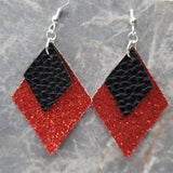 Red Glitter FAUX Leather Diamond Shaped Earrings with Black FAUX Leather Diamond Shaped Overlay