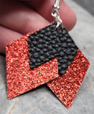 Red Glitter FAUX Leather Diamond Shaped Earrings with Black FAUX Leather Diamond Shaped Overlay