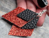 Red Glitter FAUX Leather Diamond Shaped Earrings with Black FAUX Leather Diamond Shaped Overlay