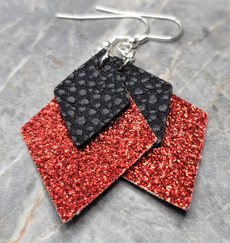 Red Glitter FAUX Leather Diamond Shaped Earrings with Black FAUX Leather Diamond Shaped Overlay