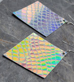 Embossed Reptilian Skin Style Holographic Diamond Shaped FAUX Leather Earrings