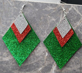 Green Glitter FAUX Leather Diamond Shaped Earrings with Red and Silver Glitter FAUX Leather Diamond Shaped Overlays