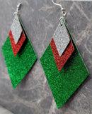 Green Glitter FAUX Leather Diamond Shaped Earrings with Red and Silver Glitter FAUX Leather Diamond Shaped Overlays