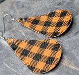 Orange and Black Buffalo Plaid Teardrop Shaped FAUX Leather Earrings