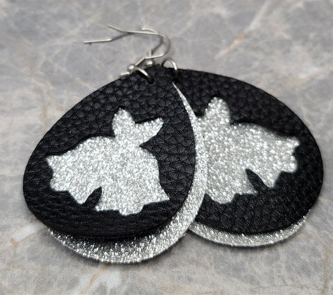 Silver Bells - Silver Glitter FAUX Leather Earrings with Bells Cut Out Overlay