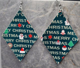 Merry Christmas Patterned Diamond Shaped FAUX Leather Earrings