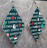 Merry Christmas Patterned Diamond Shaped FAUX Leather Earrings