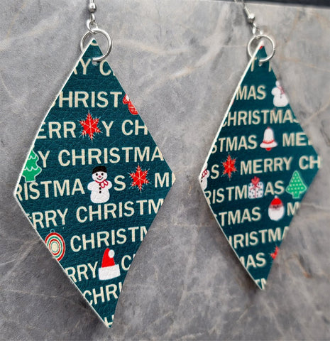 Merry Christmas Patterned Diamond Shaped FAUX Leather Earrings