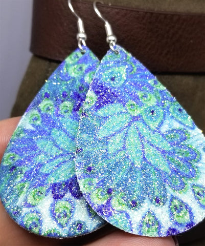 Blue and Green Peacock Feather Printed FAUX Leather Earrings with A Glitter Topcoat