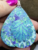 Blue and Green Peacock Feather Printed FAUX Leather Earrings with A Glitter Topcoat