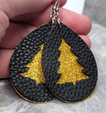 Gold Glitter FAUX Leather Earrings with Christmas Tree Cut Out Overlay
