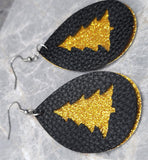Gold Glitter FAUX Leather Earrings with Christmas Tree Cut Out Overlay