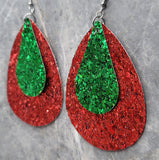 Red Glitter FAUX Leather Waterdrop Earrings with Green Glitter FAUX Leather Teardrop Overlays