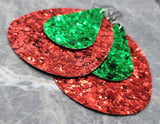 Red Glitter FAUX Leather Waterdrop Earrings with Green Glitter FAUX Leather Teardrop Overlays