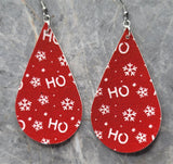 Christmas HoHoHo and Snowflake Large Red Tear Drop Shaped FAUX Leather Earrings