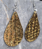 Gold Metallic Teardrop Shaped FAUX Leather Earrings with Gold Glitter Grid Pattern