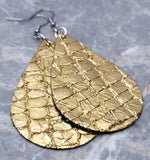 Gold Metallic Teardrop Shaped FAUX Leather Earrings with Gold Glitter Grid Pattern