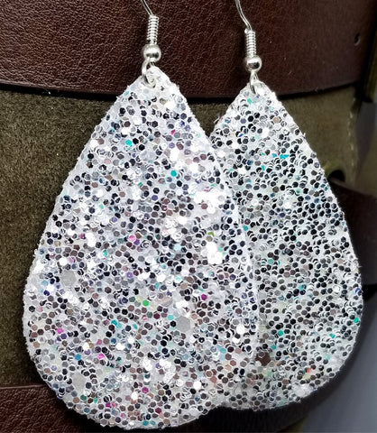 CLEARANCE Chunky Silver Glitter Very Sparkly Double Sided FAUX Leather Teardrop Earrings