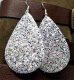 CLEARANCE Chunky Silver Glitter Very Sparkly Double Sided FAUX Leather Teardrop Earrings