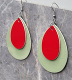 Shiny Green FAUX Leather Teardrop Earrings with Shiny Red FAUX Leather Teardrop Overlays