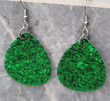 Green Glitter FAUX Leather Teardrop Earrings