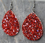 Red with Large Chunks of AB Blue Glitter Very Sparkly Double Sided FAUX Leather Teardrop Earrings