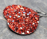 Red with Large Chunks of AB Blue Glitter Very Sparkly Double Sided FAUX Leather Teardrop Earrings