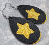 Gold Glitter FAUX Leather Earrings with Star Cut Out Overlay