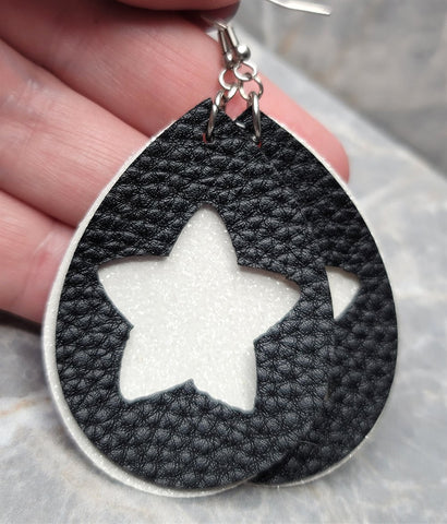 White Glitter FAUX Leather Earrings with Star Cut Out Overlay