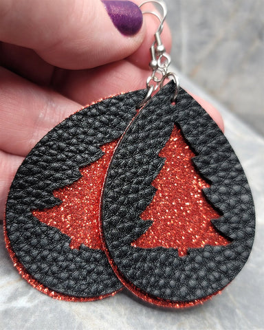 Red Glitter FAUX Leather Earrings with Christmas Tree Cut Out Overlay