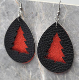 Red Glitter FAUX Leather Earrings with Christmas Tree Cut Out Overlay