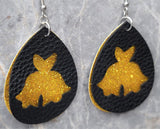Gold Glitter FAUX Leather Earrings with Bells Cut Out Overlay