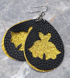 Gold Glitter FAUX Leather Earrings with Bells Cut Out Overlay