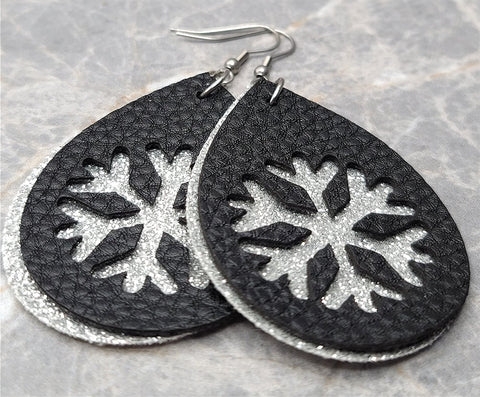 Silver Glitter FAUX Leather Earrings with Snowflake Cut Out Overlay