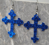 Cobalt Blue Glitter FAUX Leather Cross Earrings