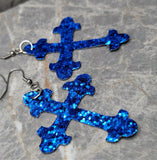 Cobalt Blue Glitter FAUX Leather Cross Earrings