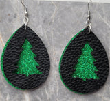 Green Glitter FAUX Leather Earrings with Christmas Tree Cut Out Overlay