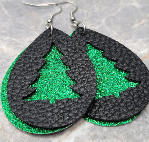 Green Glitter FAUX Leather Earrings with Christmas Tree Cut Out Overlay